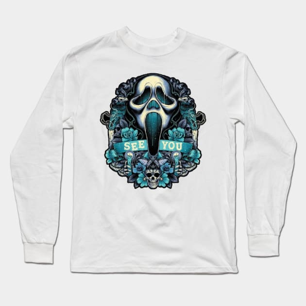 Halloween Print , Scream , ghost face ,  retro spooky illustration Long Sleeve T-Shirt by PolyGraphics